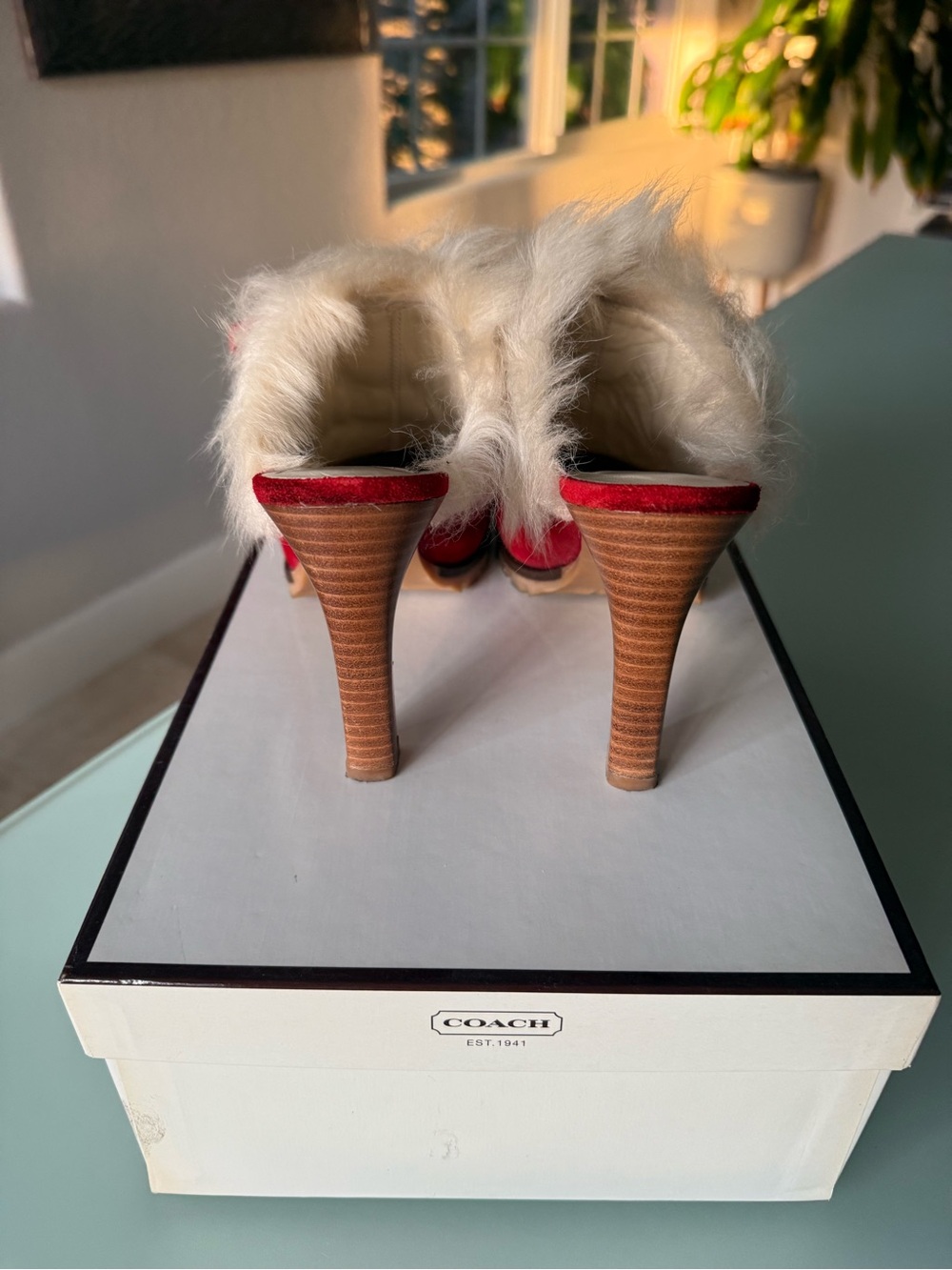 Coach Red Suede Leather Fur High Heel Mule Size 6 1/2 - Picture 6 of 9